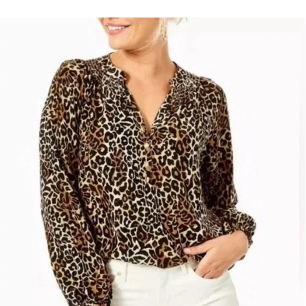 Lilly Pulitzer silk leopard print Elsa Top my Favorite Spot Onyx Brown